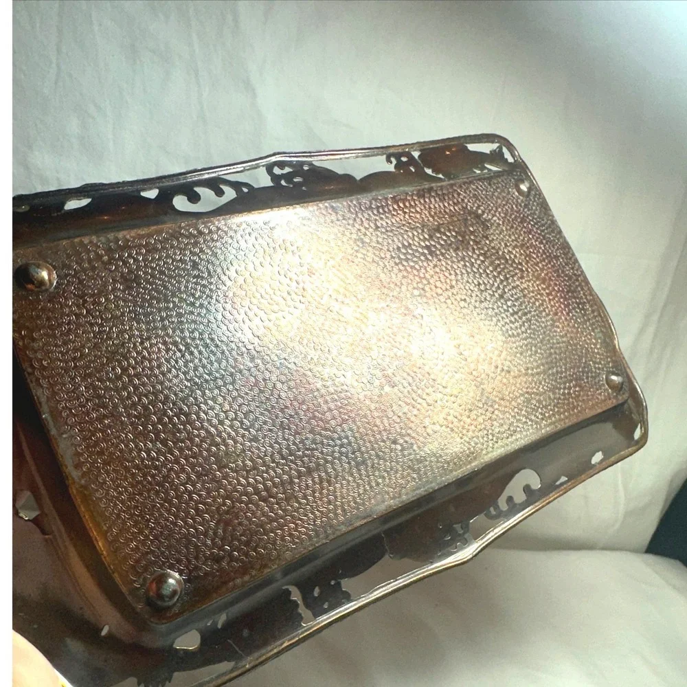 Vintage Dragon Metal Tray Copper Tone Good Ornate Embossed Chinoiserie 9.5in